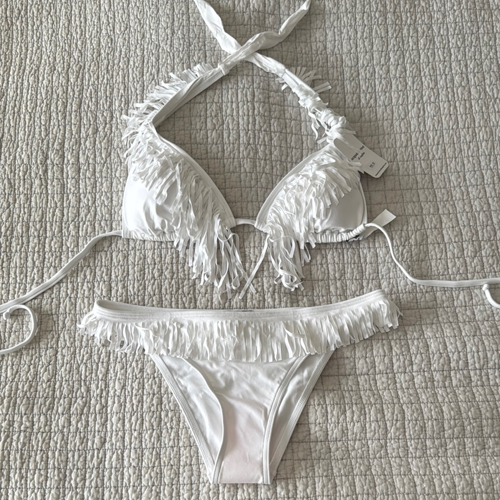 Mare Blue White Fringe Bikini Set